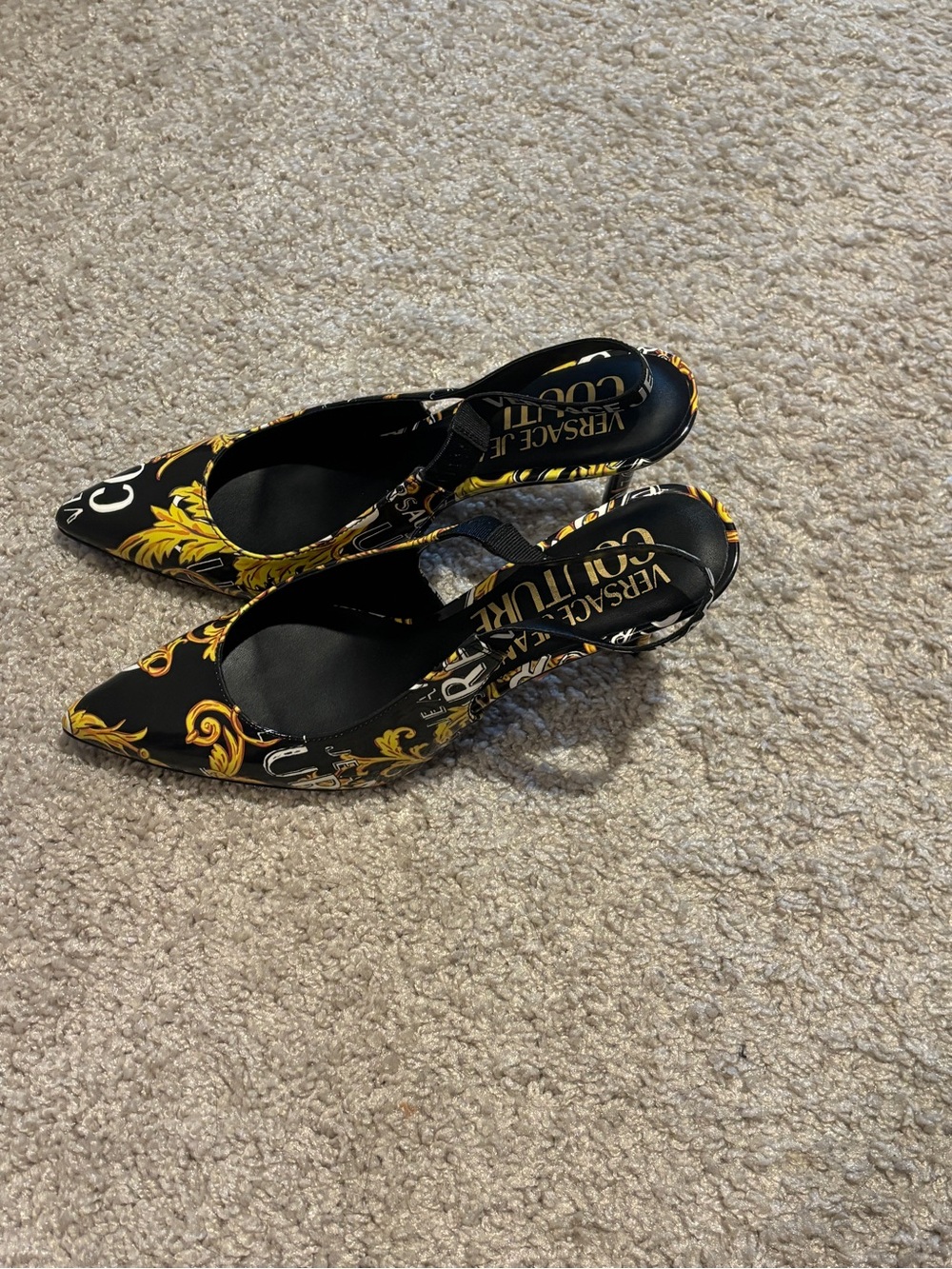 Versace Black and Gold Baroque Pointed Slingback Heels